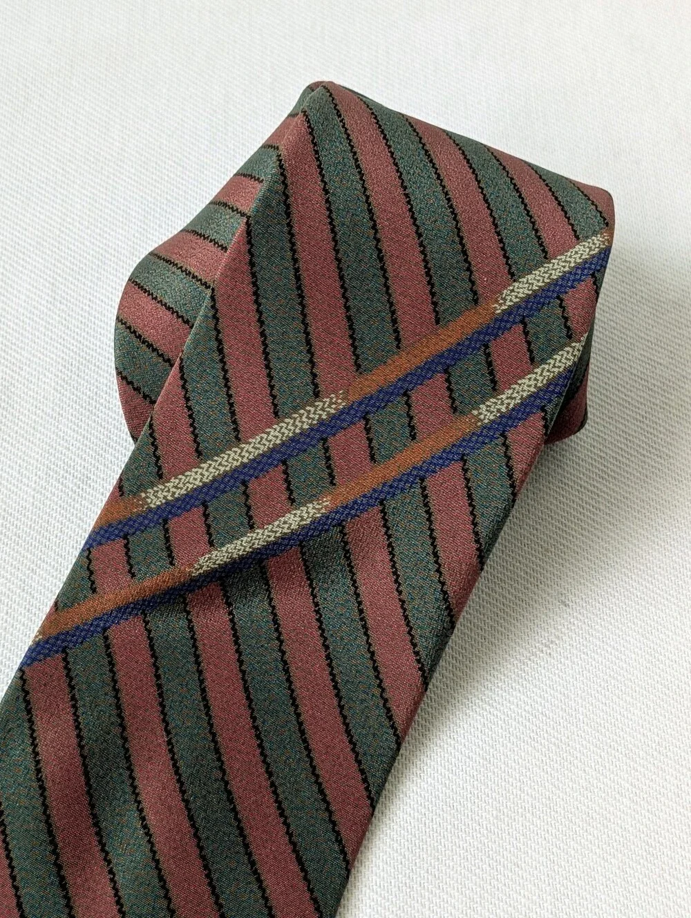 Vintage Chloe Dark Brown & Green Striped 100% Silk Tie Spain